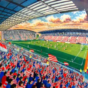 DW Stadium Fine Art Print - A detailed depiction of a rugby league match in progress DW Stadium Fine Art Print - A detailed depiction of a rugby league match in progress