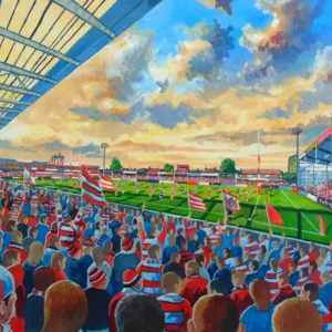 Kingsholm Stadium Print - A detailed depiction of the Gloucester Rugby Union Club's home stadium Kingsholm Stadium Print - A detailed depiction of the Gloucester Rugby Union Club's home stadium